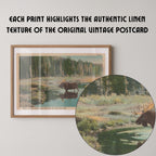 Vintage wildlife landscape postcard print of a moose standing in a marshy meadow, Yellowstone National Park. Printed as a giclée fine art print on archival matte paper.