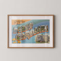 Vintage "Greetings from North Carolina" large letter postcard print, with oversized vintage-style block letters spelling NORTH CAROLINA filled with nostalgic scenic snapshots, celebrating North Carolina as a U.S. state travel keepsake. Printed as a giclée fine art print on archival matte paper.
