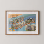 Vintage "Greetings from North Carolina" large letter postcard print, with oversized vintage-style block letters spelling NORTH CAROLINA filled with nostalgic scenic snapshots, celebrating North Carolina as a U.S. state travel keepsake. Printed as a giclée fine art print on archival matte paper.