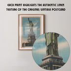 Vintage illustrated postcard print of the Statue of Liberty standing tall in New York Harbor. Printed as a giclée fine art print on archival matte paper.