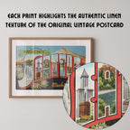 Vintage "Greetings from Seattle" large letter postcard print, with oversized vintage-style block letters spelling SEATTLE filled with nostalgic scenic snapshots, celebrating Seattle as a classic American city travel keepsake. Printed as a giclée fine art print on archival matte paper.