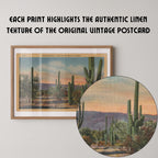 Vintage landscape postcard print of tall saguaro cacti standing against a desert Southwest backdrop. Printed as a giclée fine art print on archival matte paper.