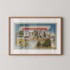 Vintage "Greetings from Maryland" large letter postcard print, with oversized vintage-style block letters spelling MARYLAND filled with nostalgic scenic snapshots, celebrating Maryland as a U.S. state travel keepsake. Printed as a giclée fine art print on archival matte paper.