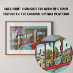 Vintage "Greetings from Kansas City" large letter postcard print, with oversized vintage-style block letters spelling KANSAS CITY filled with nostalgic scenic snapshots, celebrating Kansas City as a classic American city travel keepsake. Printed as a giclée fine art print on archival matte paper.