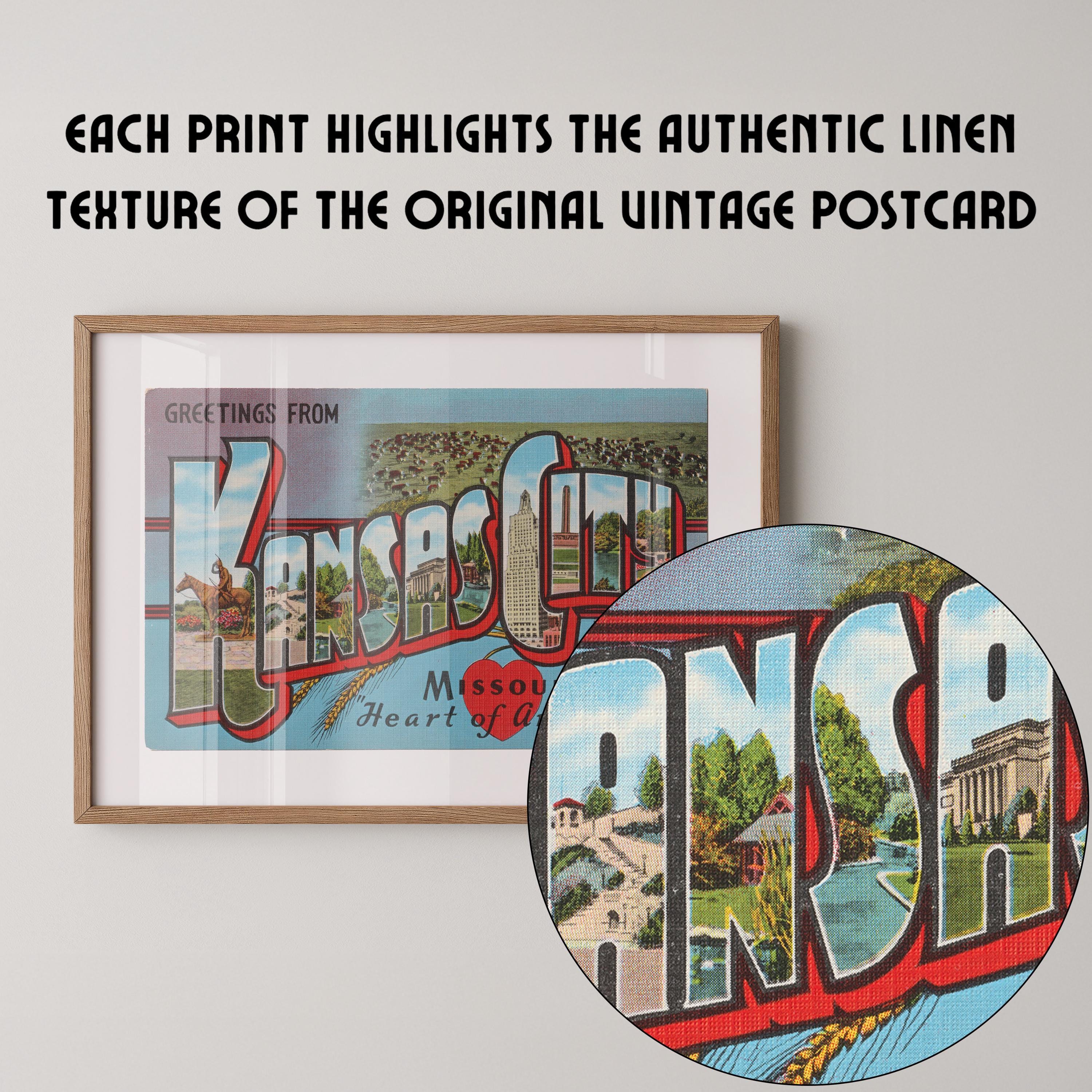 Vintage "Greetings from Kansas City" large letter postcard print, with oversized vintage-style block letters spelling KANSAS CITY filled with nostalgic scenic snapshots, celebrating Kansas City as a classic American city travel keepsake. Printed as a giclée fine art print on archival matte paper.