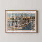 Vintage postcard print of Naval Academy midshipmen preparing sailboats on the water in Annapolis, Maryland. Printed as a giclée fine art print on archival matte paper.
