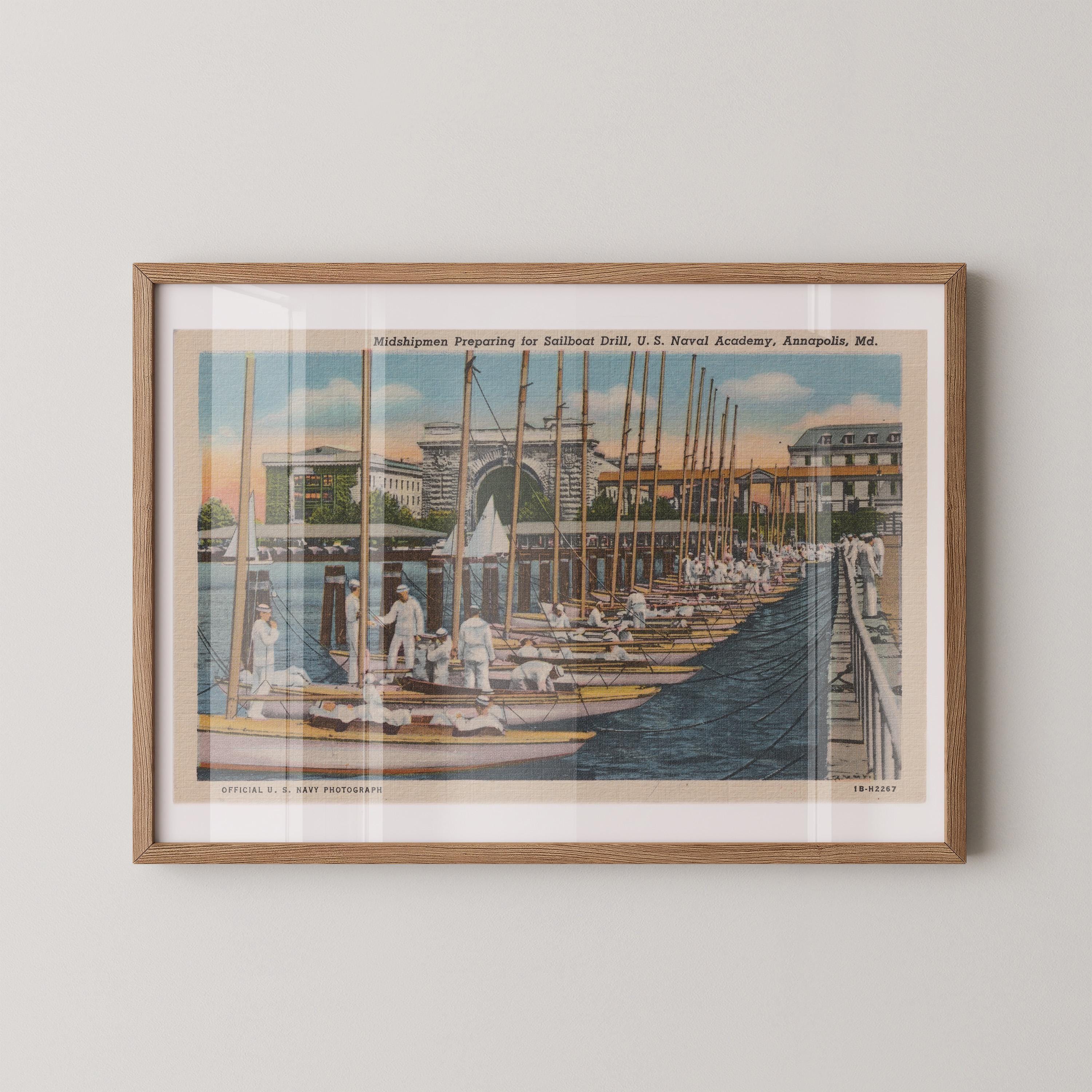 Vintage postcard print of Naval Academy midshipmen preparing sailboats on the water in Annapolis, Maryland. Printed as a giclée fine art print on archival matte paper.
