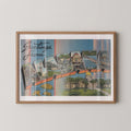 Vintage "Greetings from Alabama" large letter postcard print, with oversized vintage-style block letters spelling ALABAMA filled with nostalgic scenic snapshots, celebrating Alabama as a U.S. state travel keepsake. Printed as a giclée fine art print on archival matte paper.