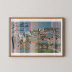Vintage "Greetings from Alabama" large letter postcard print, with oversized vintage-style block letters spelling ALABAMA filled with nostalgic scenic snapshots, celebrating Alabama as a U.S. state travel keepsake. Printed as a giclée fine art print on archival matte paper.