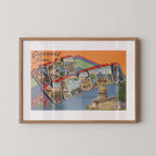 Vintage "Greetings from West Virginia" large letter postcard print, with oversized vintage-style block letters spelling WEST VIRGINIA filled with nostalgic scenic snapshots, celebrating West Virginia as a U.S. state travel keepsake. Printed as a giclée fine art print on archival matte paper.