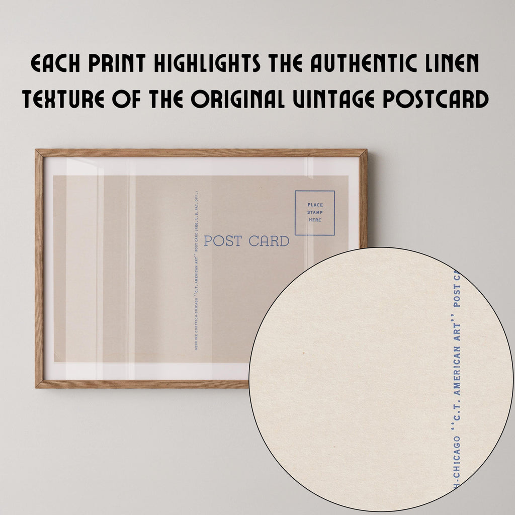Vintage postcard-style print featuring a blank correspondence postcard design, with divided lines and vintage typography and no destination text. Printed as a giclée fine art print on archival matte paper.