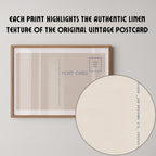 Vintage postcard-style print featuring a blank correspondence postcard design, with divided lines and vintage typography and no destination text. Printed as a giclée fine art print on archival matte paper.