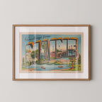 Vintage "Greetings from Maine" large letter postcard print, with oversized vintage-style block letters spelling MAINE filled with nostalgic scenic snapshots, celebrating Maine as a U.S. state travel keepsake. Printed as a giclée fine art print on archival matte paper.